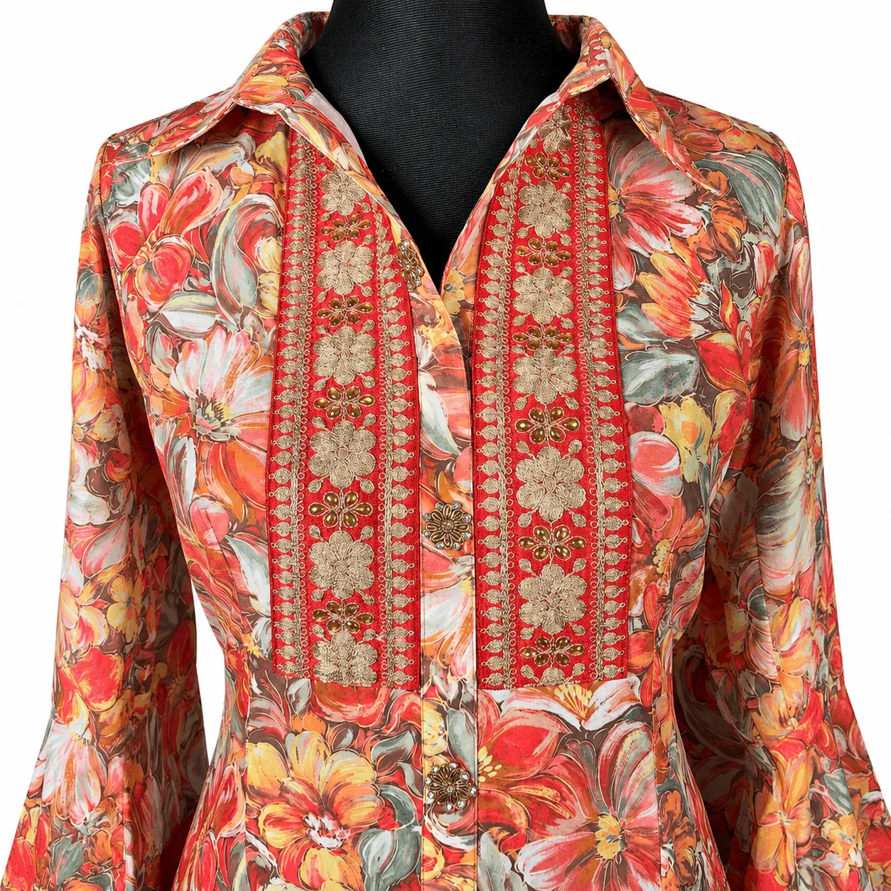 Women's Floral Print Straight Long Shirt with Embroidered Yoke & Flared Sleeves